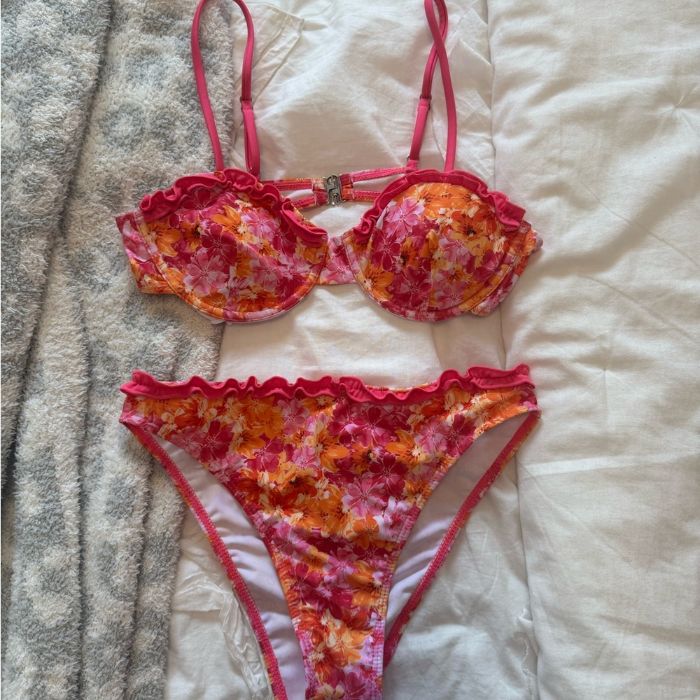 SHEIN Pink and Orange Bikini Set Vibrant Swimwear